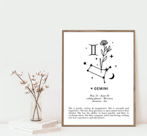 Gemini star sign Zodiac print