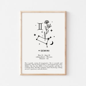 Gemini star sign Zodiac print